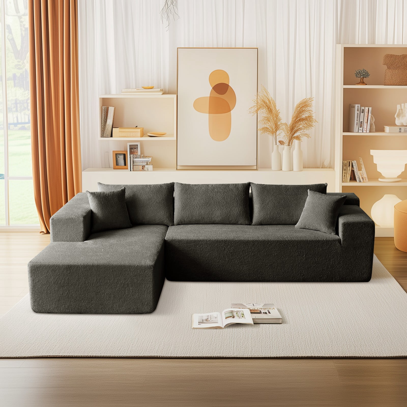 Vinform 103.54 Inch Velvet Sectional Sofa, Modern L-Shaped Modular Sofa with High-Density Foam (Includes Chaise Lounge and Throw Pillows) Upholstered Cloud Sofa for Living Rooms(Dark Gray/Right Side)