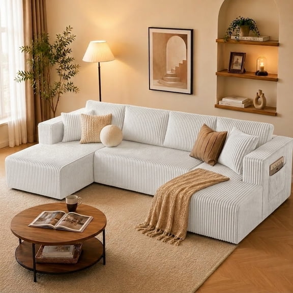 avobird 132" Oversized Cloud Boneless Sofa, U-Shaped Modular Sectional Sofa with Chaise and Side Pockets, Corduroy Deep Seat Couch for Living Room, Beige