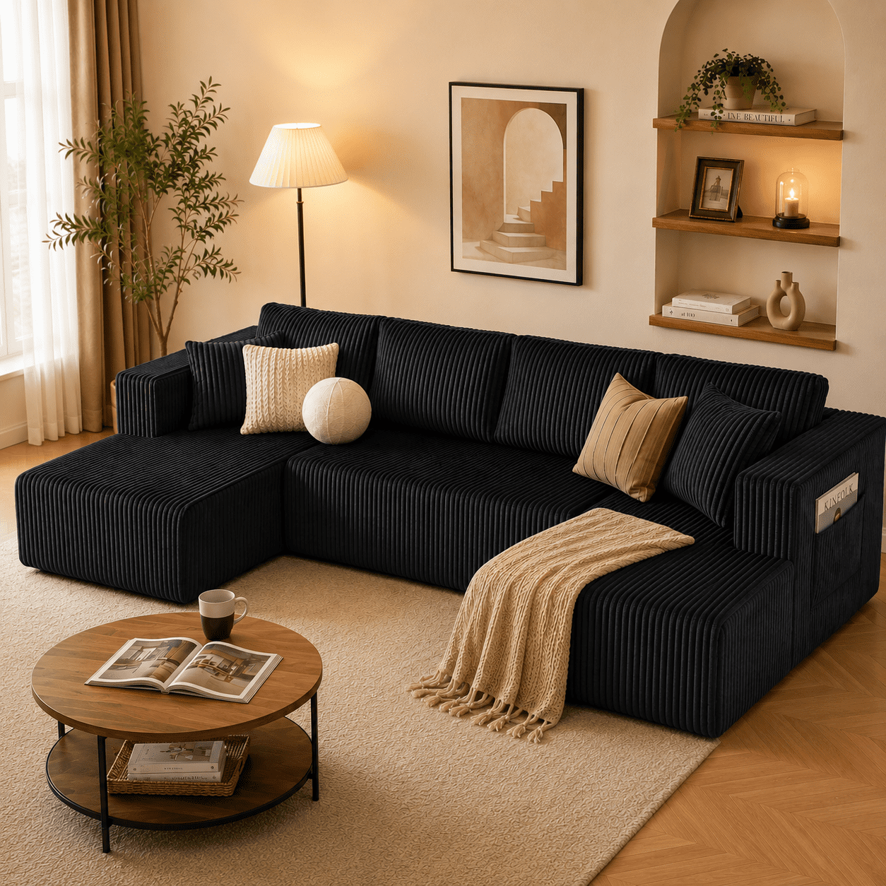 avobird 132" Oversized Cloud Boneless Sofa, U-Shaped Modular Sectional Sofa with Chaise and Side Pockets, Corduroy Deep Seat Couch for Living Room, Black