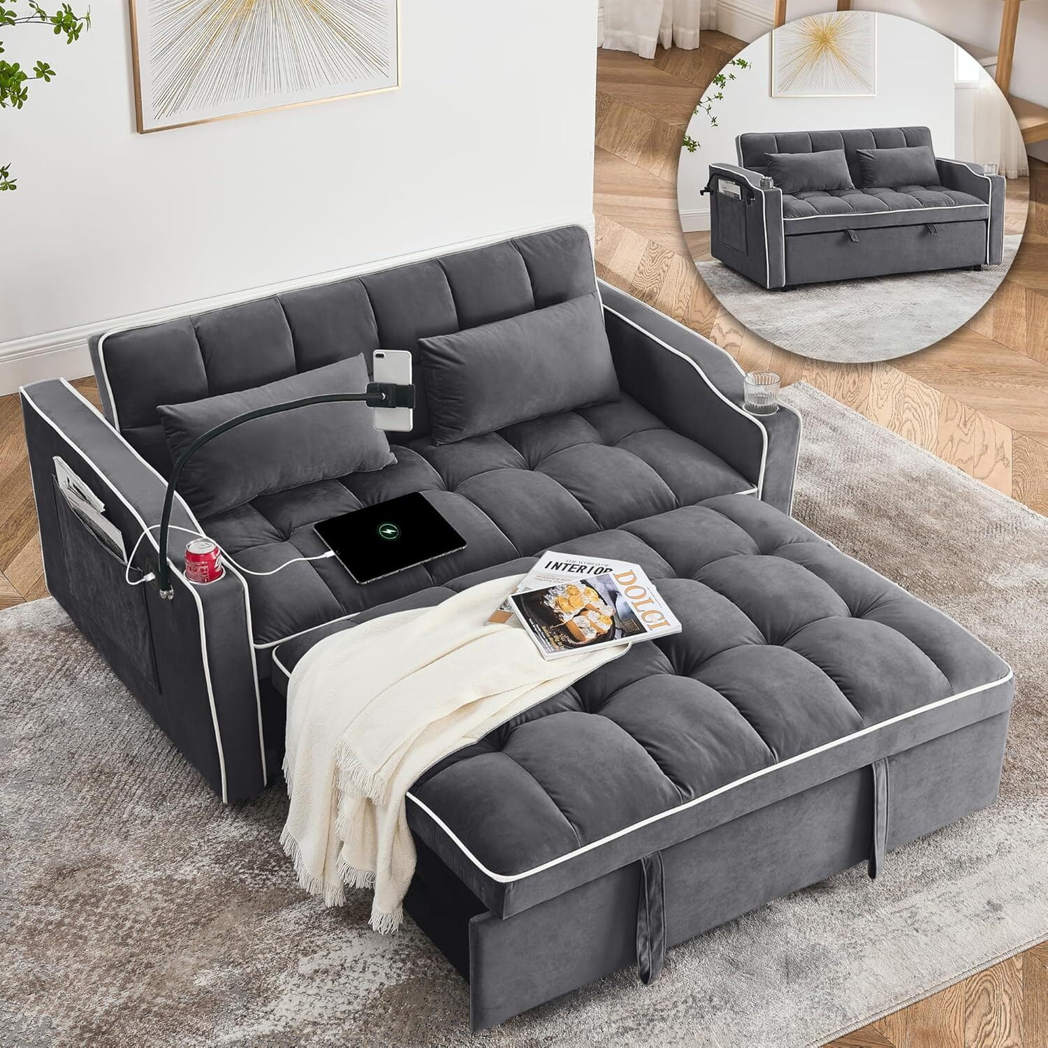 avobird 3 in 1 Pull Out Sofa Bed, Sleeper Sofa with Side Pocket, Adjustable Backrest, Living Room Sofa with Phone Holder, Loveseat with Cup Holder and USB Interface, Dark Gray