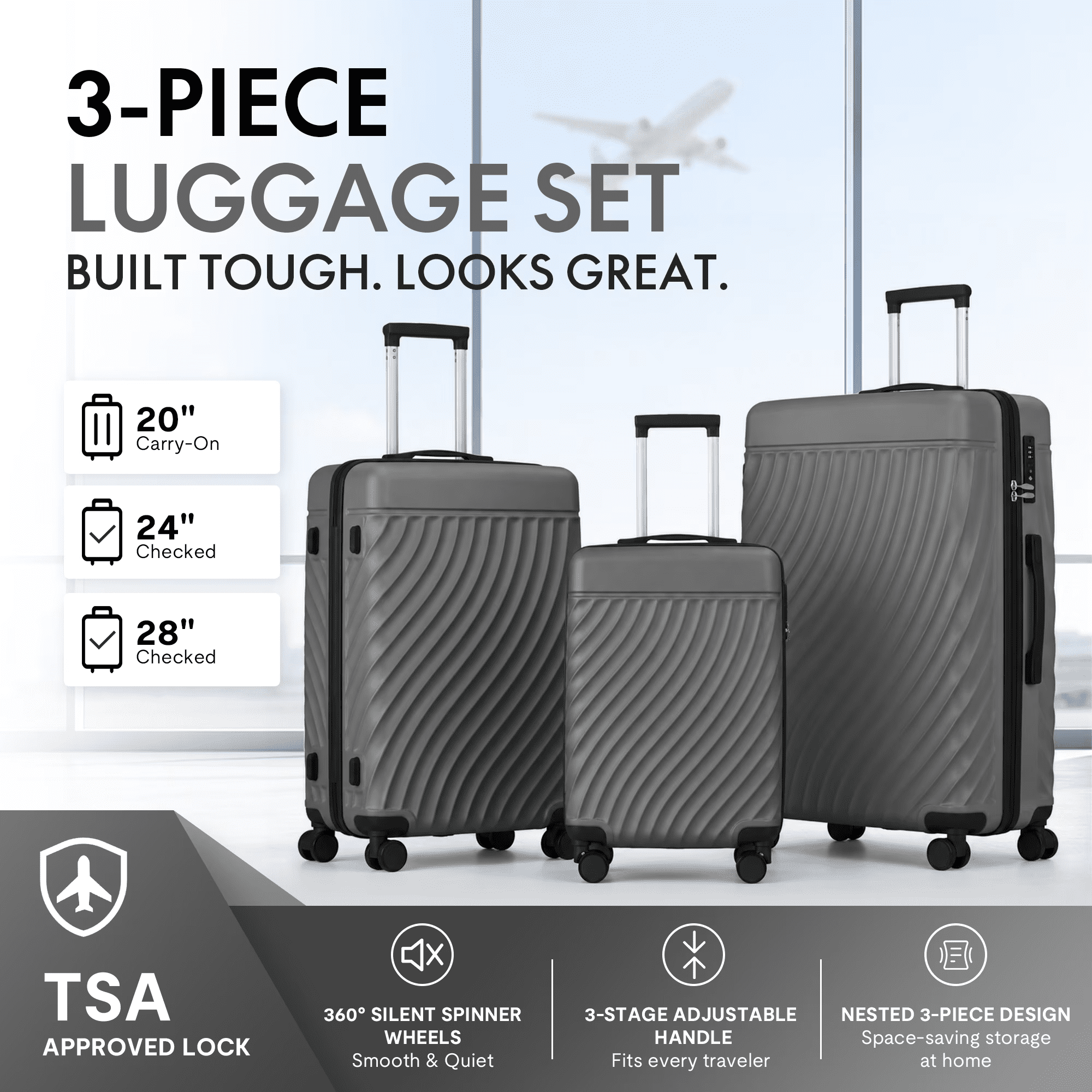 avobird 3-Piece ABS Hardshell Luggage Set – Lightweight and scratch-resistant, featuring silent 360° spinner wheels and TSA-approved locks, 20"/24"/28", Ash Grey