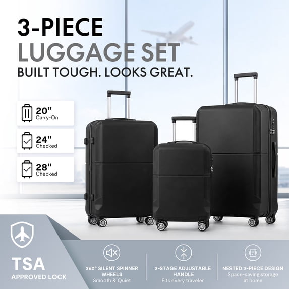 avobird 3-Piece ABS Hardshell Luggage Set – Lightweight and scratch-resistant, featuring silent 360° spinner wheels and TSA-approved locks, 20"/24"/28", Black