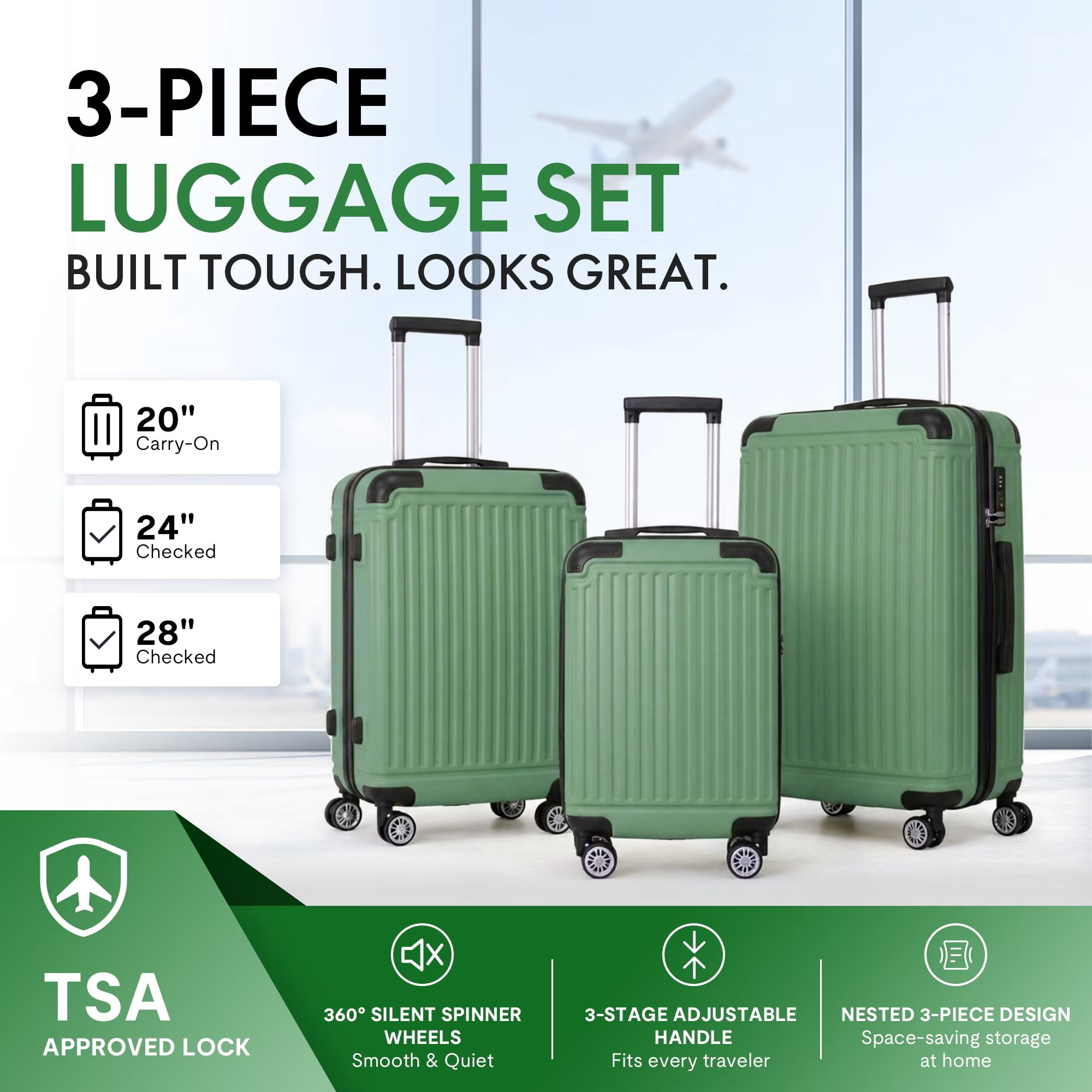 avobird 3-Piece ABS Hardshell Luggage Set – Lightweight and scratch-resistant, featuring silent 360° spinner wheels and TSA-approved locks, 20"/24"/28", Fruit Green