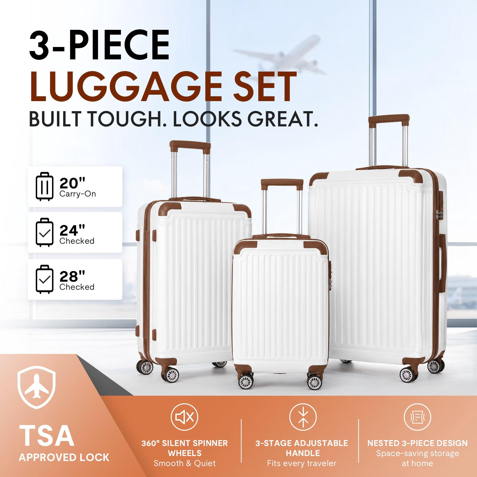 avobird 3-Piece ABS Hardshell Luggage Set – Lightweight and scratch-resistant, featuring silent 360° spinner wheels and TSA-approved locks, 20"/24"/28", White