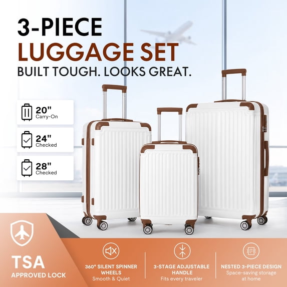 avobird 3-Piece ABS Hardshell Luggage Set – Lightweight and scratch-resistant, featuring silent 360° spinner wheels and TSA-approved locks, 20"/24"/28", White