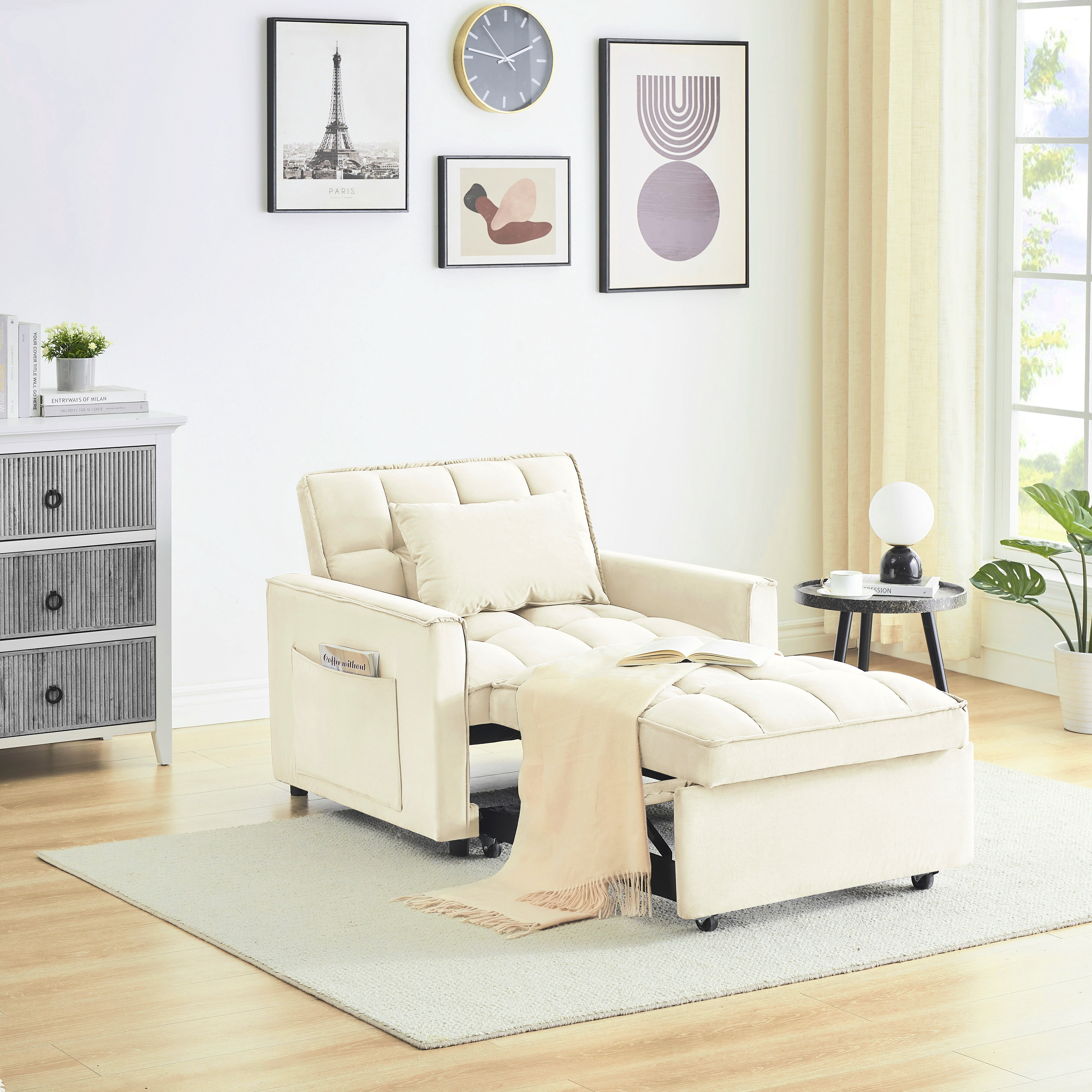 avobird 3 in 1 Convertible Chair Bed Sleeper, Pull Out Sofa Bed With adjustable back/USB port/ashtray/swivel phone stand, Beige