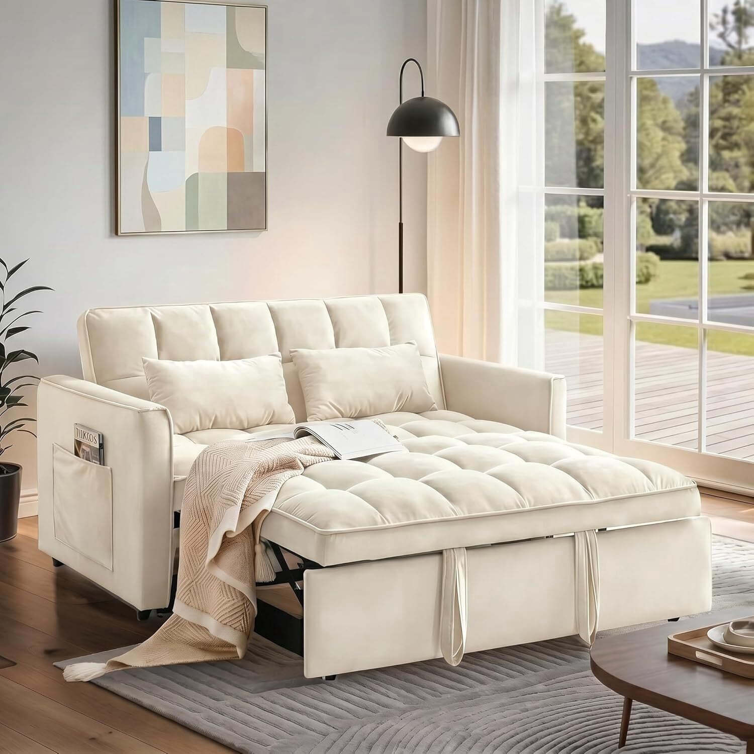 ShiKeyi 3 in 1 Convertible Sleeper Futon Sofa Bed, 55" Pull Out Sofa Bed with Storage Pocket/Side Pocket/2 Pillows for Living Room, Beige