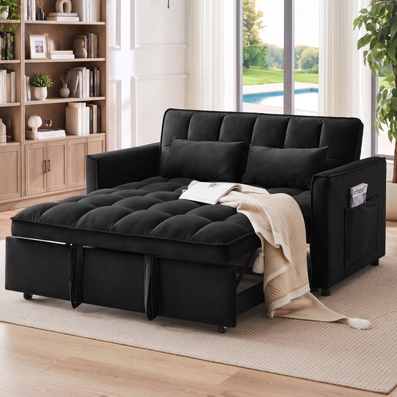 avobird 3 in 1 Convertible Sleeper Futon Sofa Bed, 55" Pull Out Sofa Bed with Storage Pocket/Side Pocket/2 Pillows for Living Room, Black