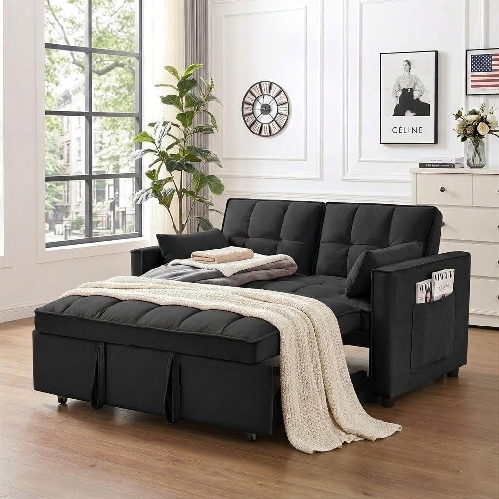 avobird 3 in 1 Convertible Sleeper Futon Sofa Bed, 55" Pull Out Sofa Bed with Storage Pocket/Side Pocket/2 Pillows for Living Room, Black
