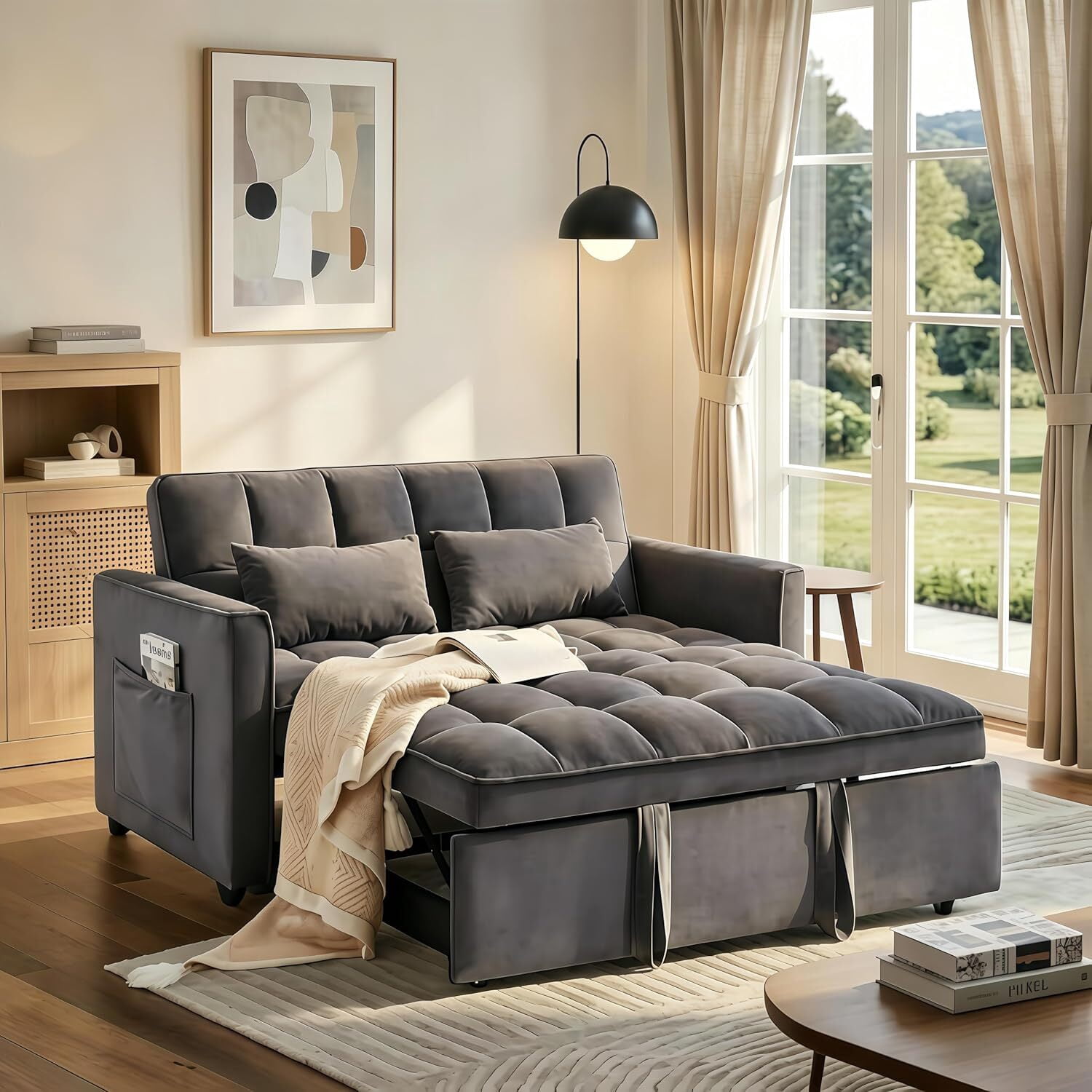 ShiKeyi 3 in 1 Convertible Sleeper Futon Sofa Bed, 55" Pull Out Sofa Bed with Storage Pocket/Side Pocket/2 Pillows for Living Room, Dark Gray