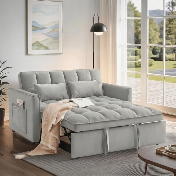avobird 3 in 1 Convertible Sleeper Futon Sofa Bed, 55" Pull Out Sofa Bed with Storage Pocket/Side Pocket/2 Pillows for Living Room, Gray