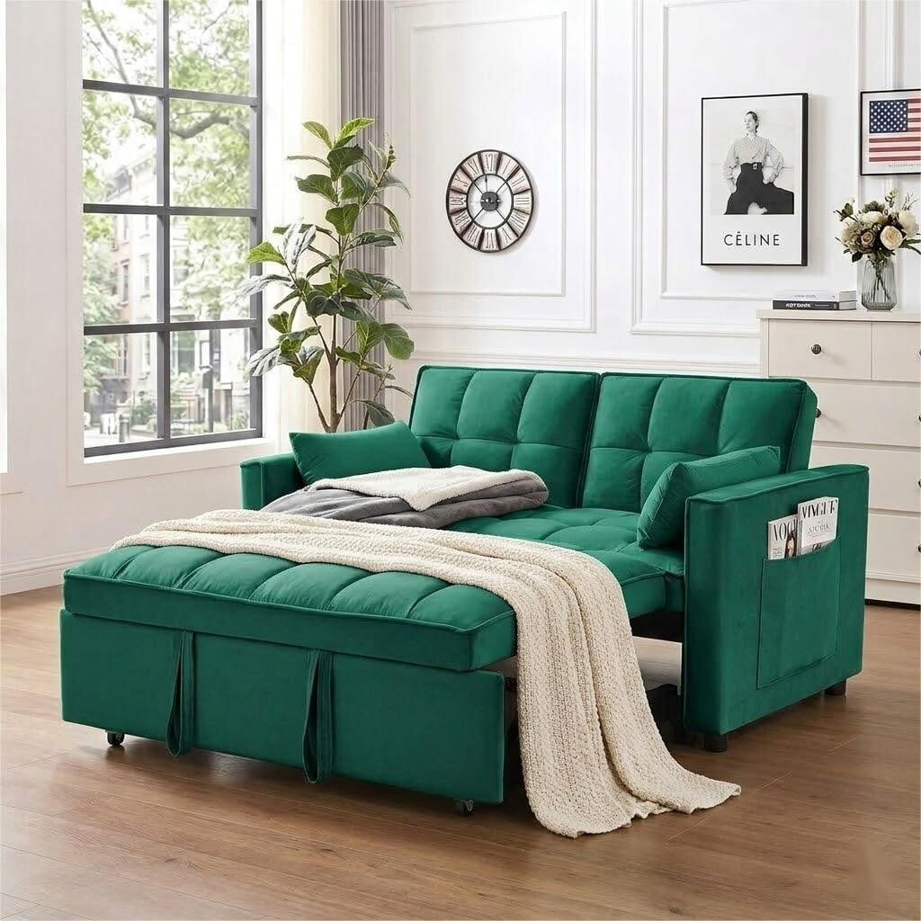 avobird 3 in 1 Convertible Sleeper Futon Sofa Bed, 55" Pull Out Sofa Bed with Storage Pocket/Side Pocket/2 Pillows for Living Room, Green