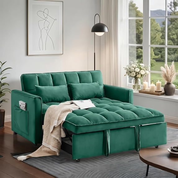 ShiKeyi 3 in 1 Convertible Sleeper Futon Sofa Bed, 55" Pull Out Sofa Bed with Storage Pocket/Side Pocket/2 Pillows for Living Room, Green