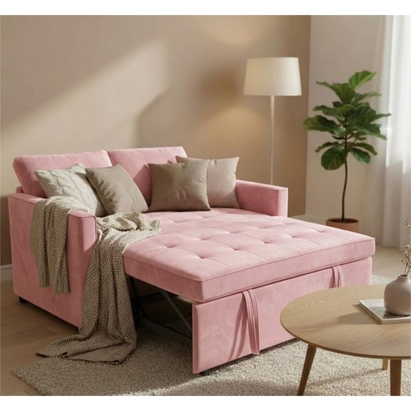 ShiKeyi 3 in 1 Convertible Sleeper Futon Sofa Bed, 55" Pull Out Sofa Bed with Storage Pocket/Side Pocket/2 Pillows for Living Room, Pink