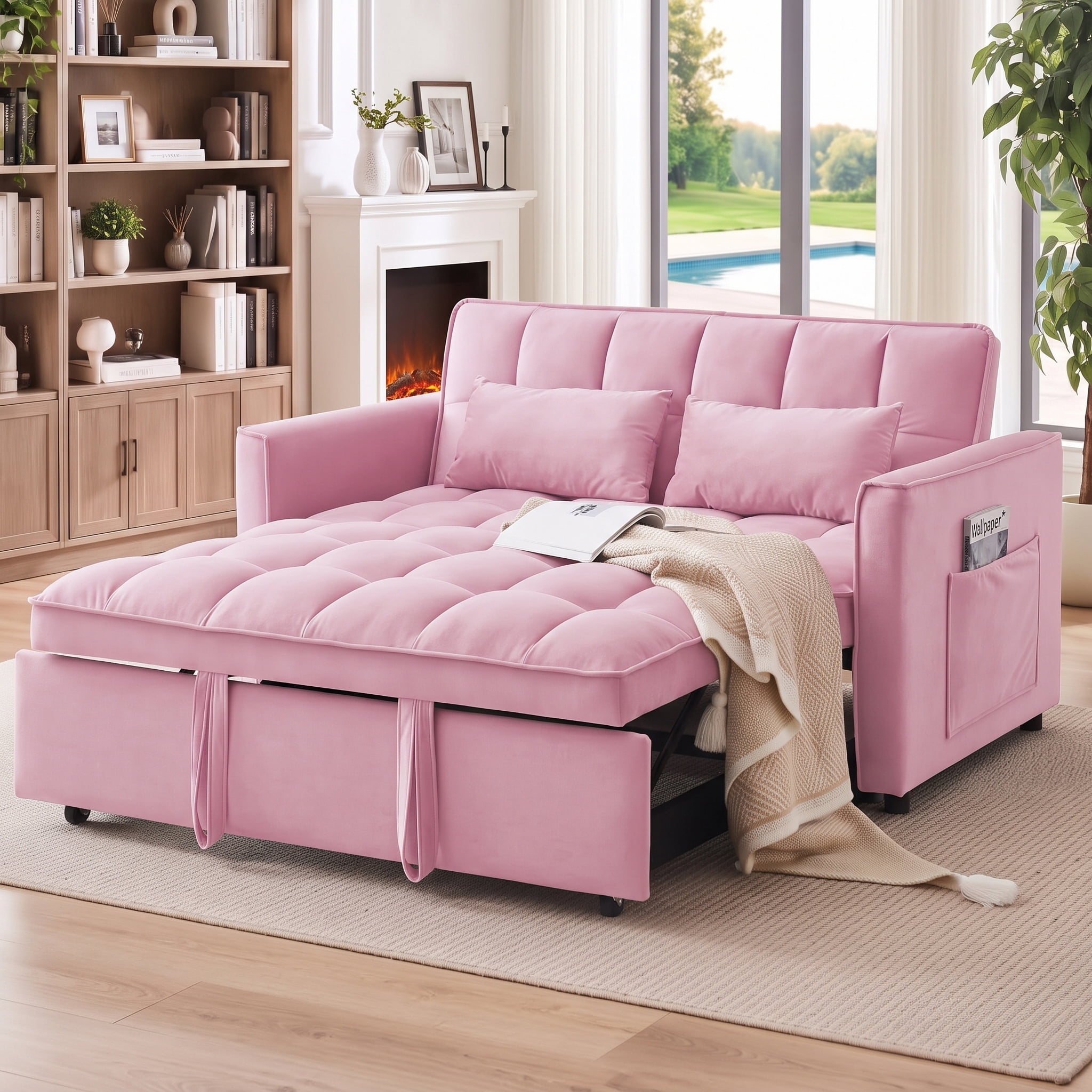 avobird 3 in 1 Convertible Sleeper Futon Sofa Bed, 55" Pull Out Sofa Bed with Storage Pocket/Side Pocket/2 Pillows for Living Room, Pink
