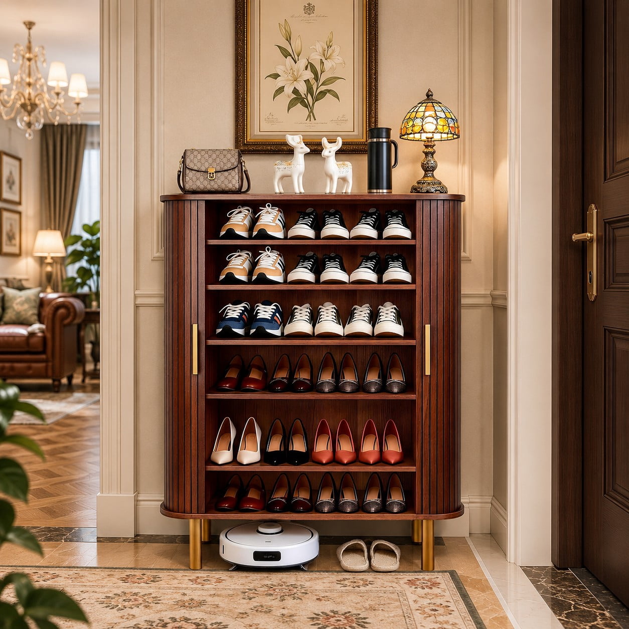 avobird 31.5 " Modern Minimalist Freestanding Shoe Cabinet, Sliding-Door Shoe Cabinet with Six Adjustable Shelves for Entryway, Walnut