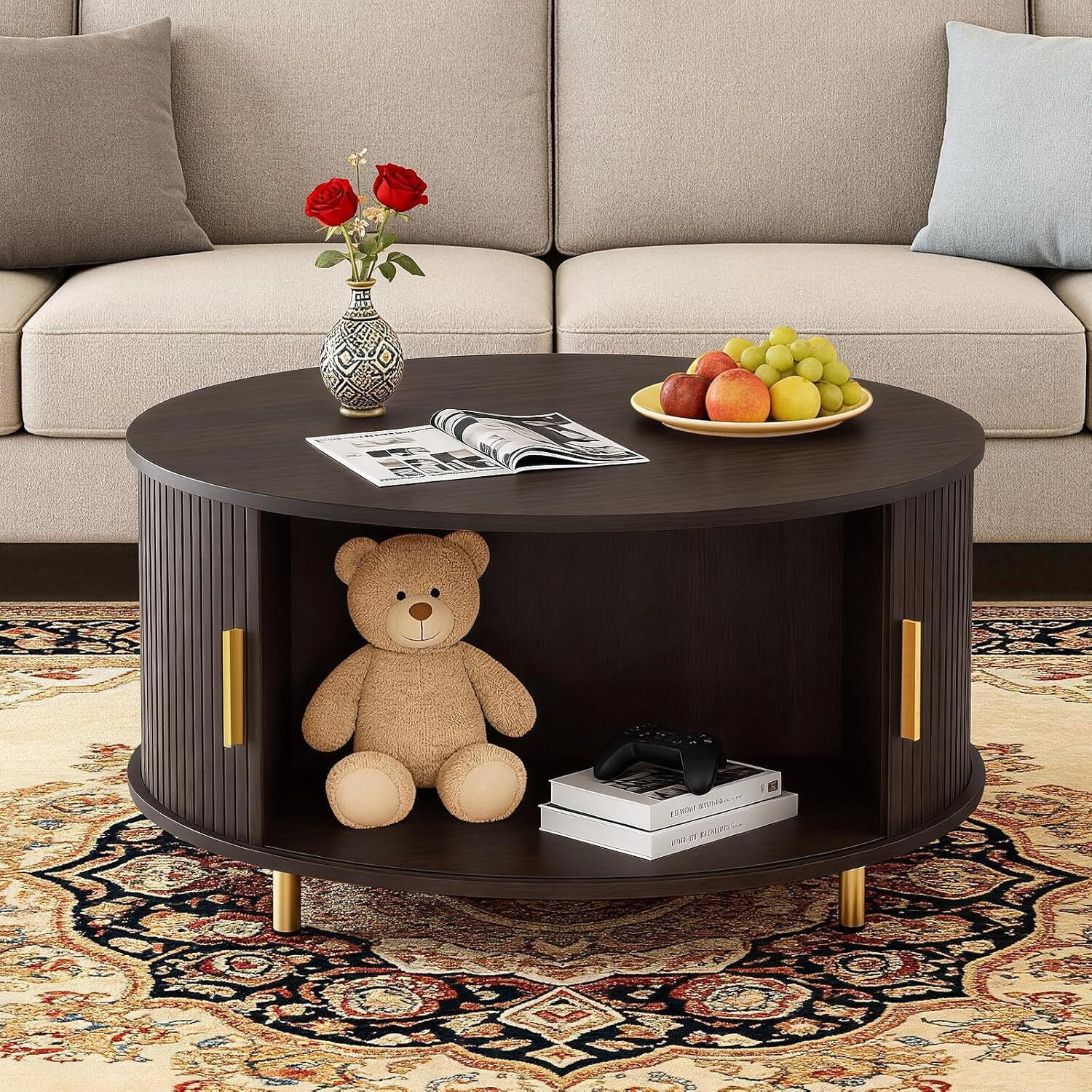 avobird 31.5" Round Coffee Table with Storage, Fluted Wood Accent Center Table with 360° Curved Sliding Door & Adjustable Footpads for Living Room, Coffee