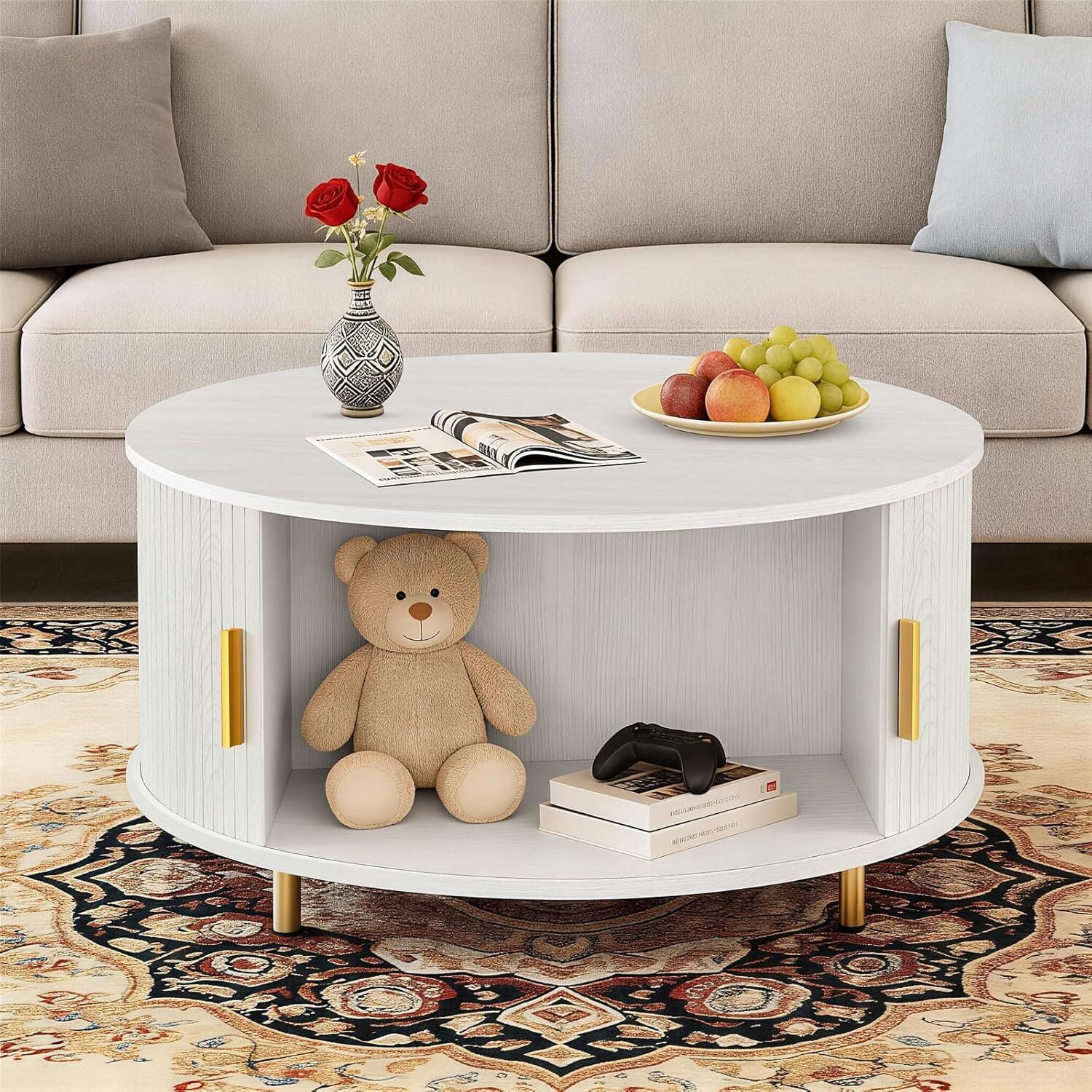 avobird 31.5" Round Coffee Table with Storage, Fluted Wood Accent Center Table with 360° Curved Sliding Door & Adjustable Footpads for Living Room, White