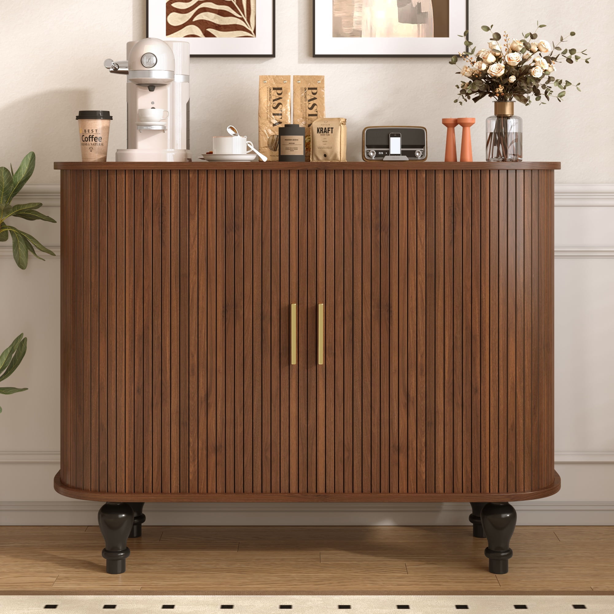avobird 39" Fluted Liquor & Coffee Bar Cabinet with 6 Wine Racks and 3 Glass Holders, Mid-Century Modern Bar Cabinet with A Large Storage Drawer ,4 Hidden Storage Space on the Side , Walnut
