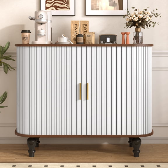 avobird 39" Fluted Liquor & Coffee Bar Cabinet with 6 Wine Racks and 3 Glass Holders, Mid-Century Modern Bar Cabinet with A Large Storage Drawer ,4 Hidden Storage Space on the Side , White