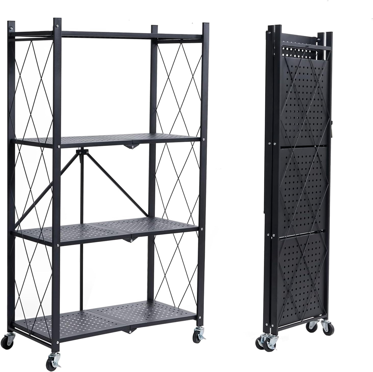 avobird 4-Tier Foldable Storage Shelf with Wheels | Metal Rack Collapsible Shelving Display | Rolling Cart for Books Kitchen Storage Shelves | Pantry & Closet Organizer | Office Room Decor