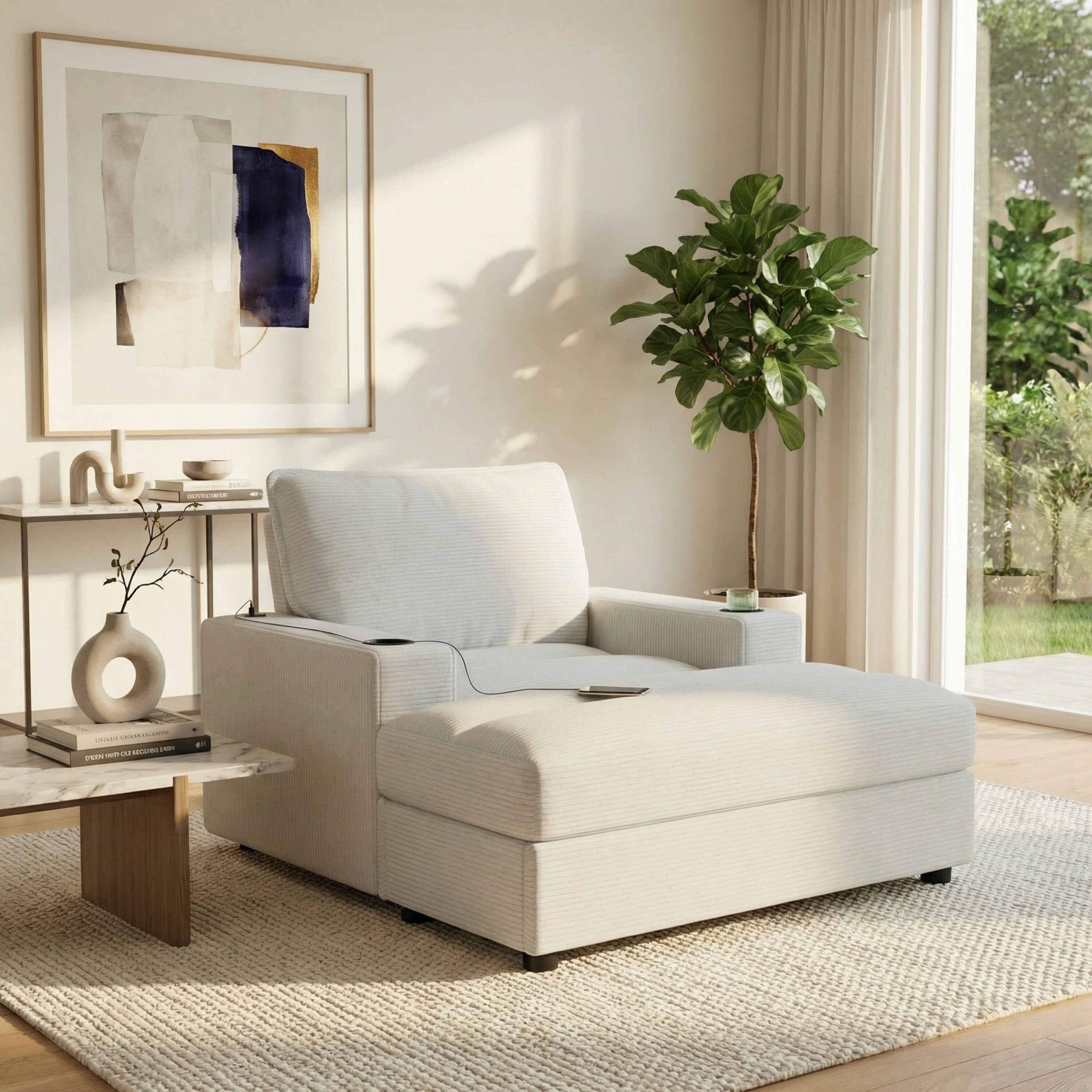 avobird 42.8" Chaise Lounge Chair with Storage Ottoman, Corduroy Sofa Bed with Cup Holders & USB Charging Port, Upholstered Sleeper Chair for Living Room, Beige