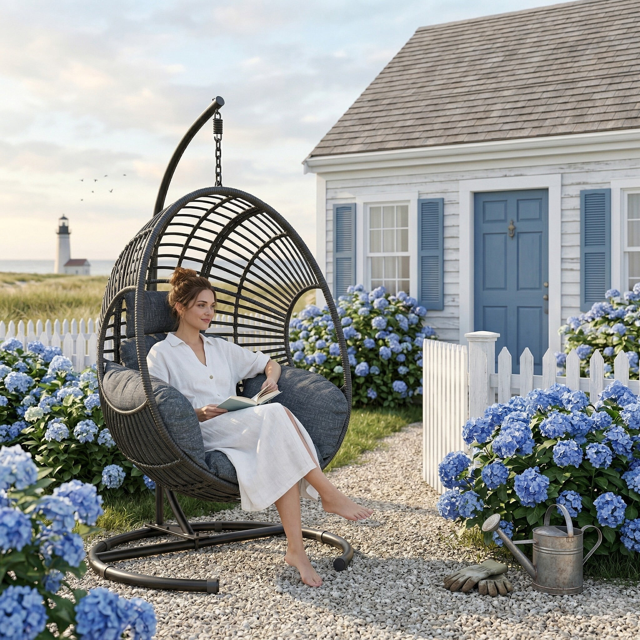avobird 42" Wide U-Base Hanging Egg Chair, Patio Swing with 8-Inch Cushion Weatherproof PE Rattan & Waterproof Cover, Suitable for use in outdoor gardens and on balconies, Black