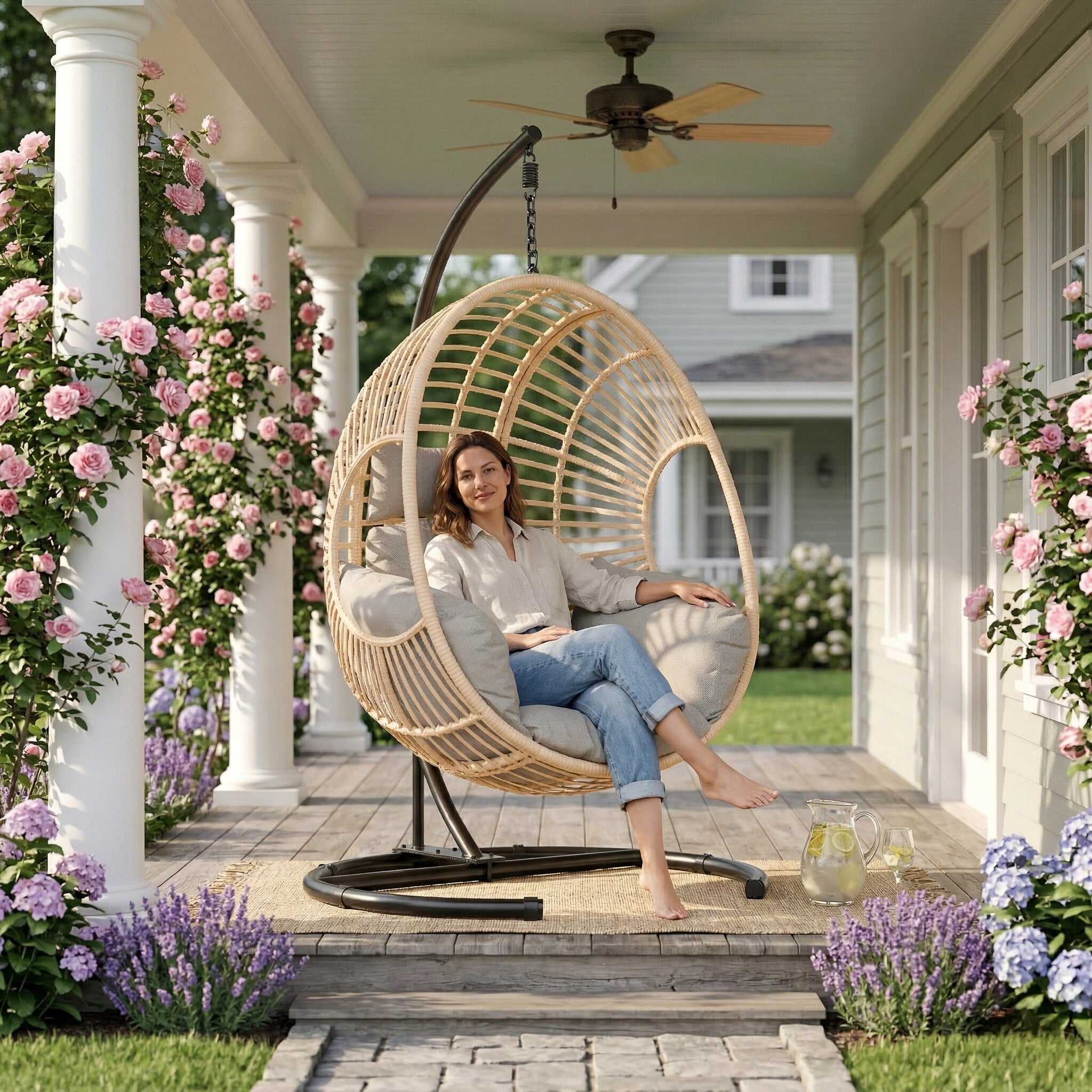 avobird 42" Wide U-Base Hanging Egg Chair, Patio Swing with 8-Inch Cushion Weatherproof PE Rattan & Waterproof Cover, Suitable for use in outdoor gardens and on balconies, Natural
