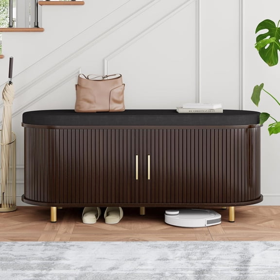 avobird 43.3" 2-Tier Storage Bench,Wide Shoe Bench with Thickened Padded Seat Cushion, Mid Century Modern Fluted Sliding Door and Adjustable Shelf, for Entryway,Bedroom Coffee