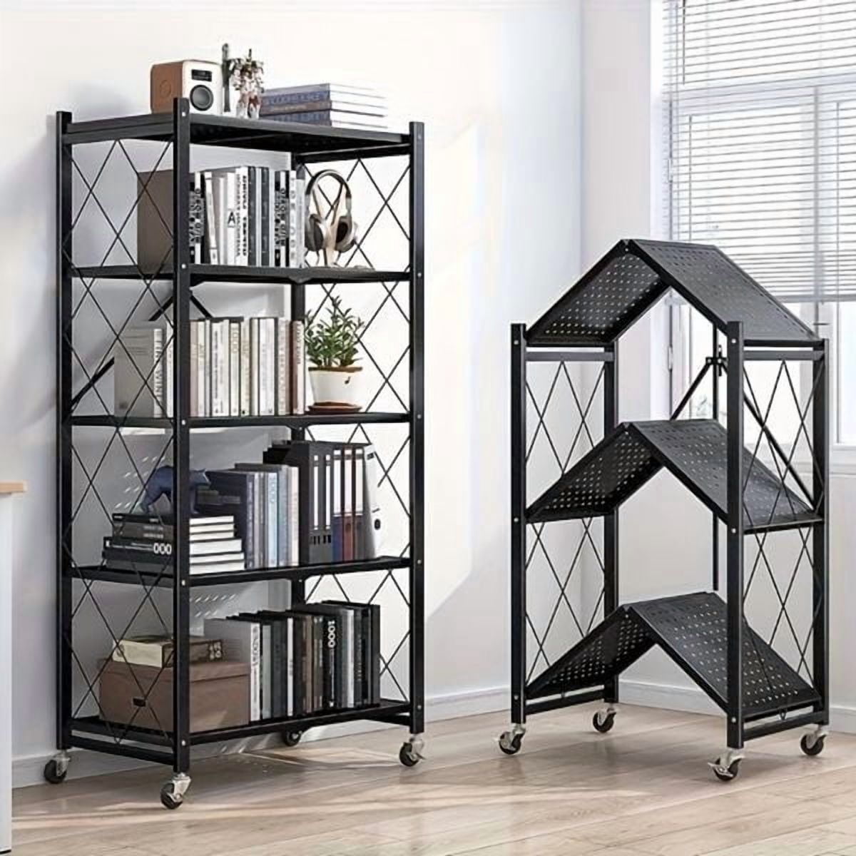 avobird 5-Tier Foldable Storage Shelf with Wheels | Metal Rack Collapsible Shelving Display | Rolling Cart for Books Kitchen Storage Shelves | Pantry & Closet Organizer | Office Room Decor