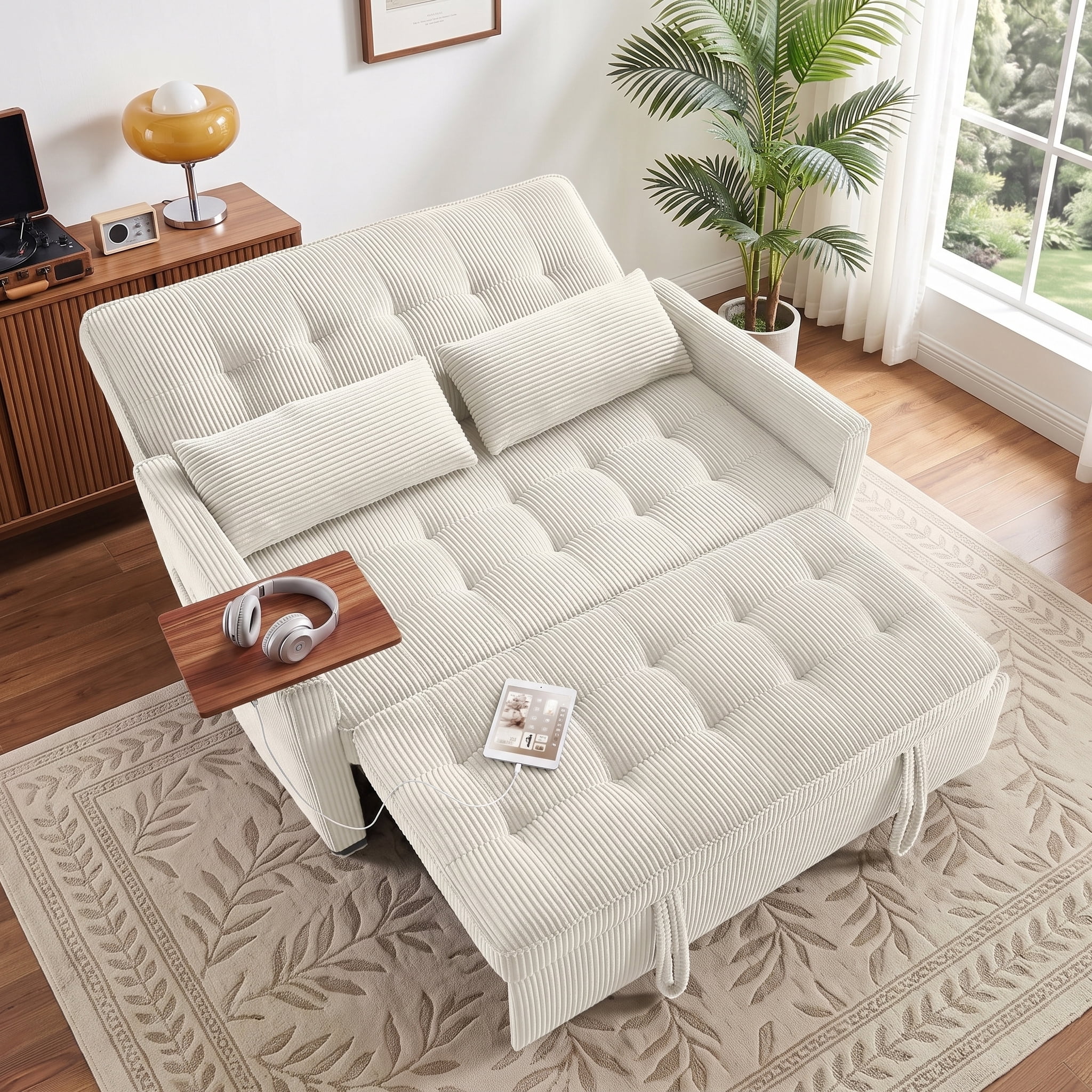 avobird 54'' 3 in 1 Pull Out Sofa Bed, Convertible Couch with Adjustable Backrest/Side Pockets/USB Charging Ports, Sleeper Sofa for Living Room, Beige