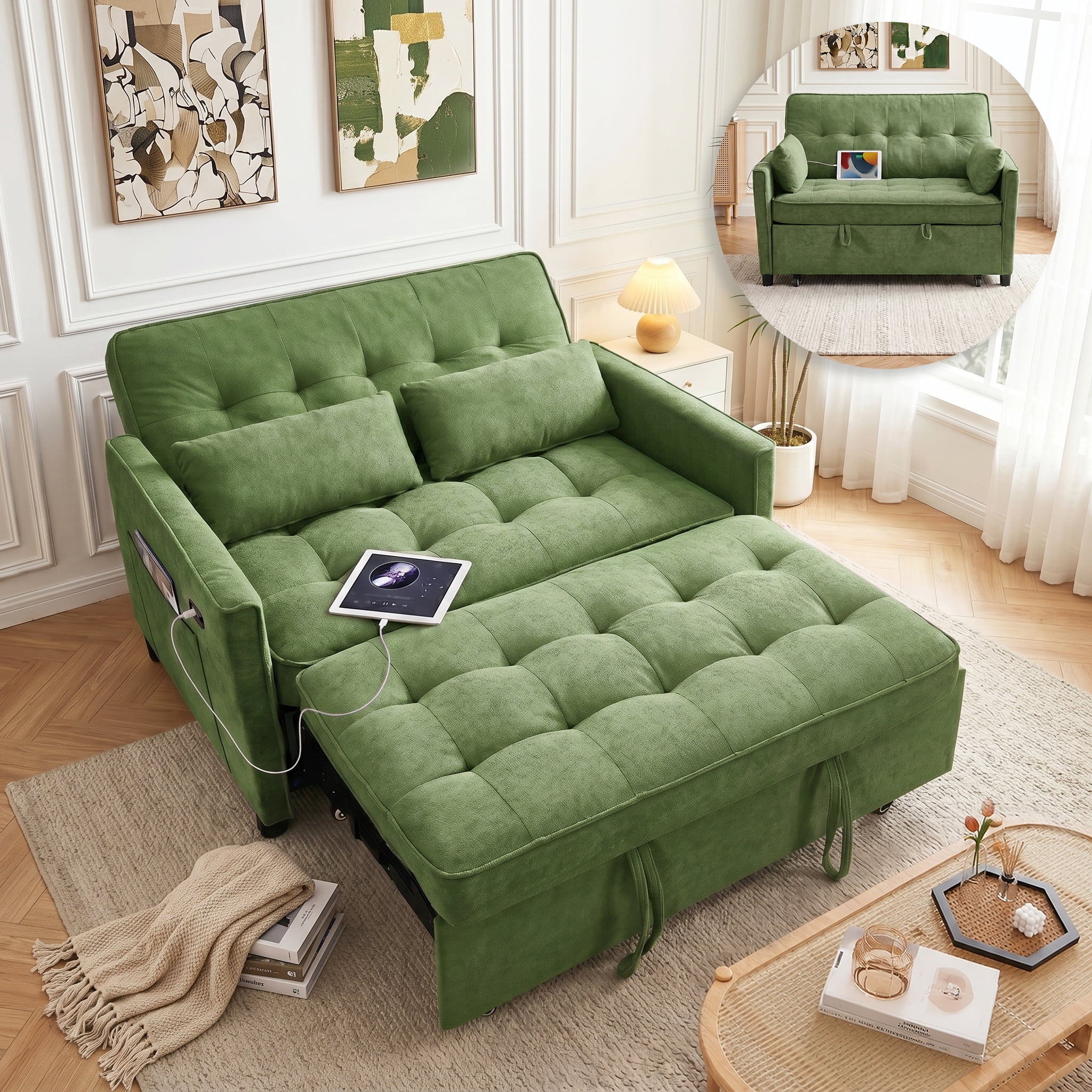 avobird 54'' 3 in 1 Pull Out Sofa Bed, Convertible Couch with Adjustable Backrest/Side Pockets/USB Charging Ports, Sleeper Sofa for Living Room, Green