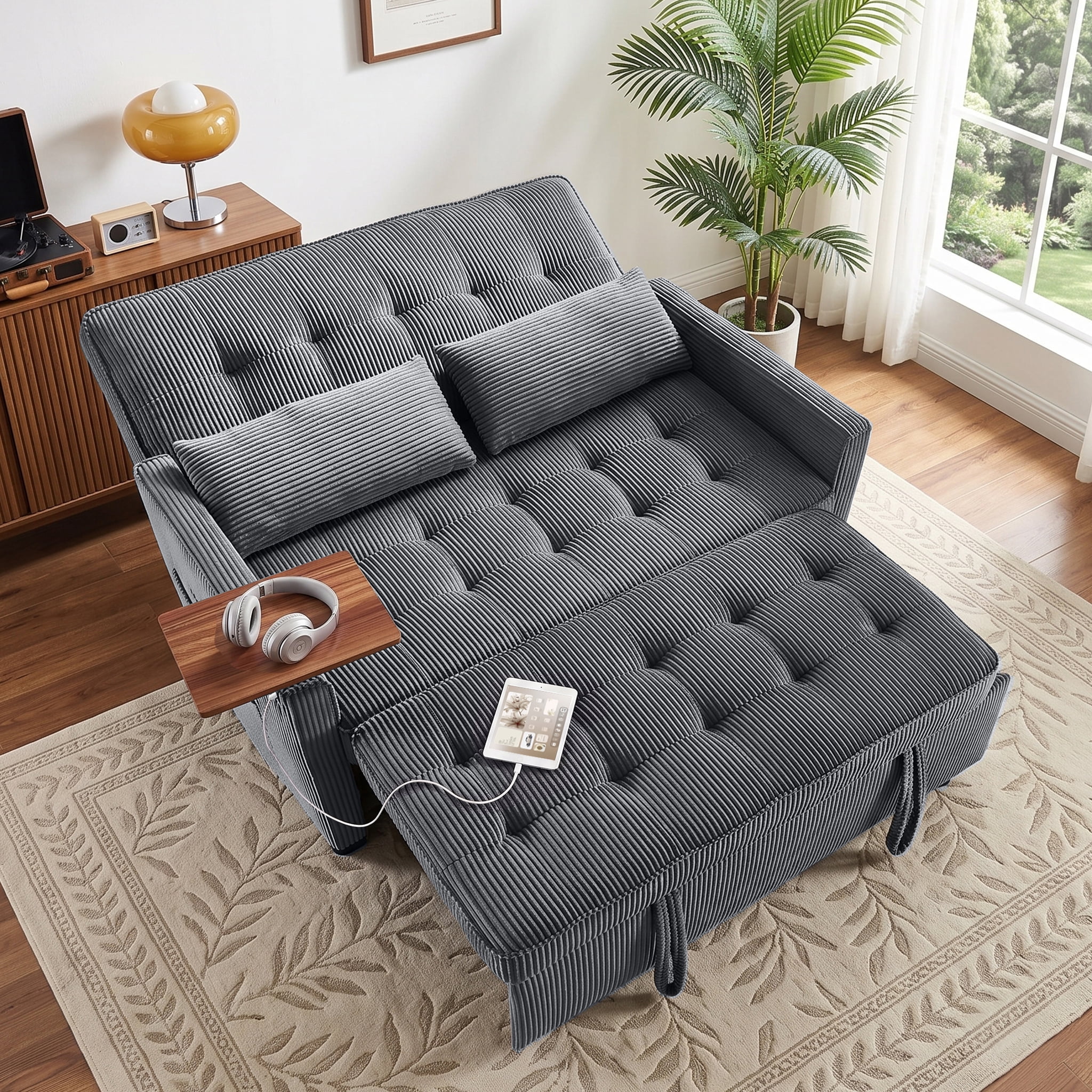 avobird 54'' 3 in 1 Pull Out Sofa Bed, Convertible Couch with Adjustable Backrest/Side Pockets/USB Charging Ports, Sleeper Sofa with small table for Living Room, Dark Gray