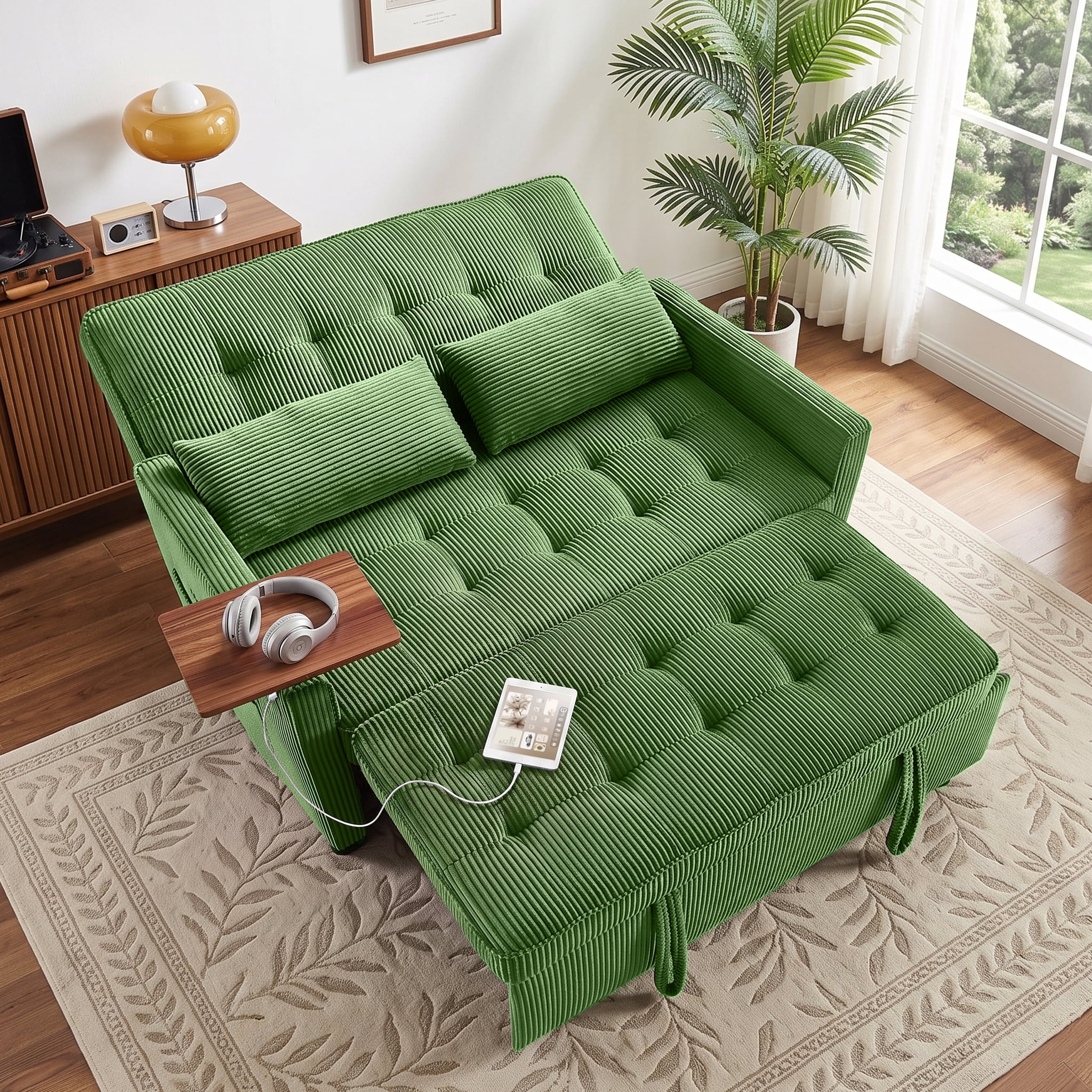 avobird 54'' 3 in 1 Pull Out Sofa Bed, Convertible Couch with Adjustable Backrest/Side Pockets/USB Charging Ports, Sleeper Sofa with small table for Living Room, Green