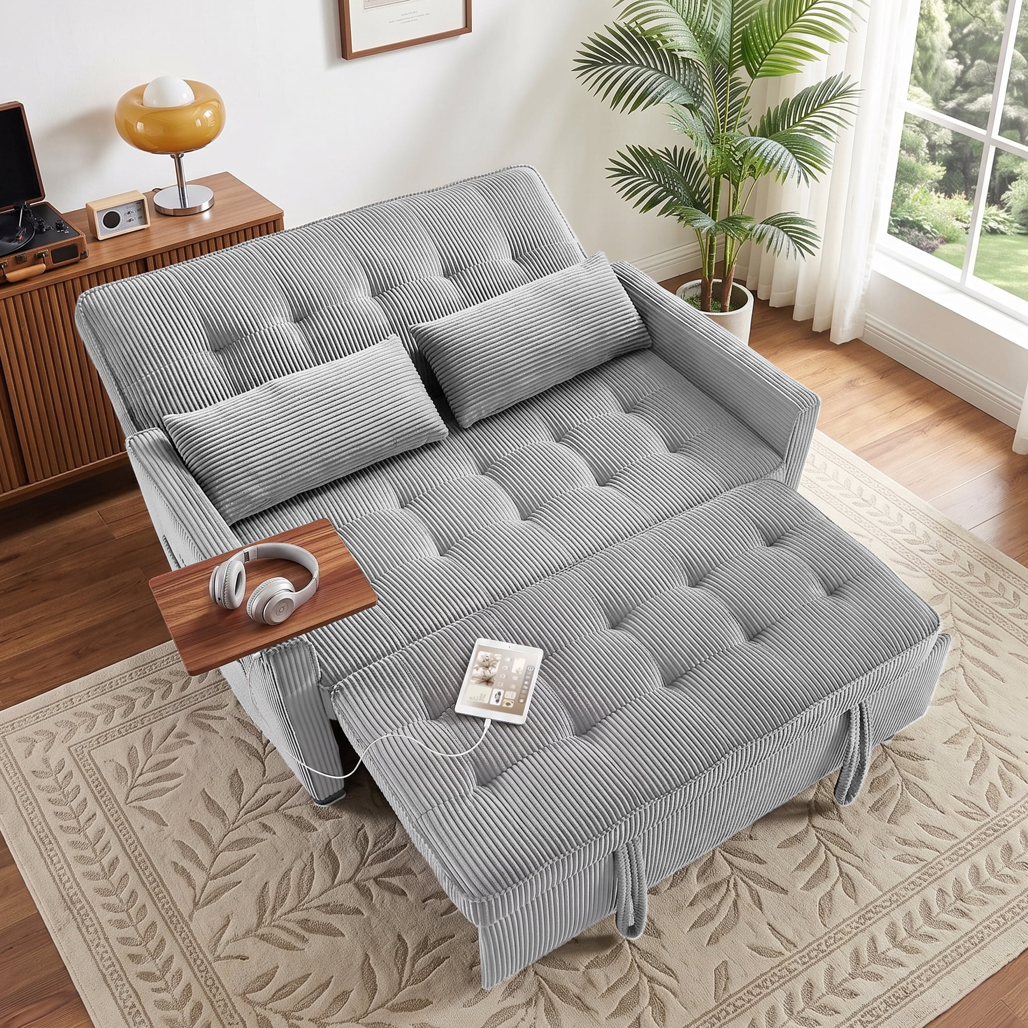 avobird 54'' 3 in 1 Pull Out Sofa Bed, Convertible Couch with Adjustable Backrest/Side Pockets/USB Charging Ports, Sleeper Sofa with small table for Living Room, Light Gray