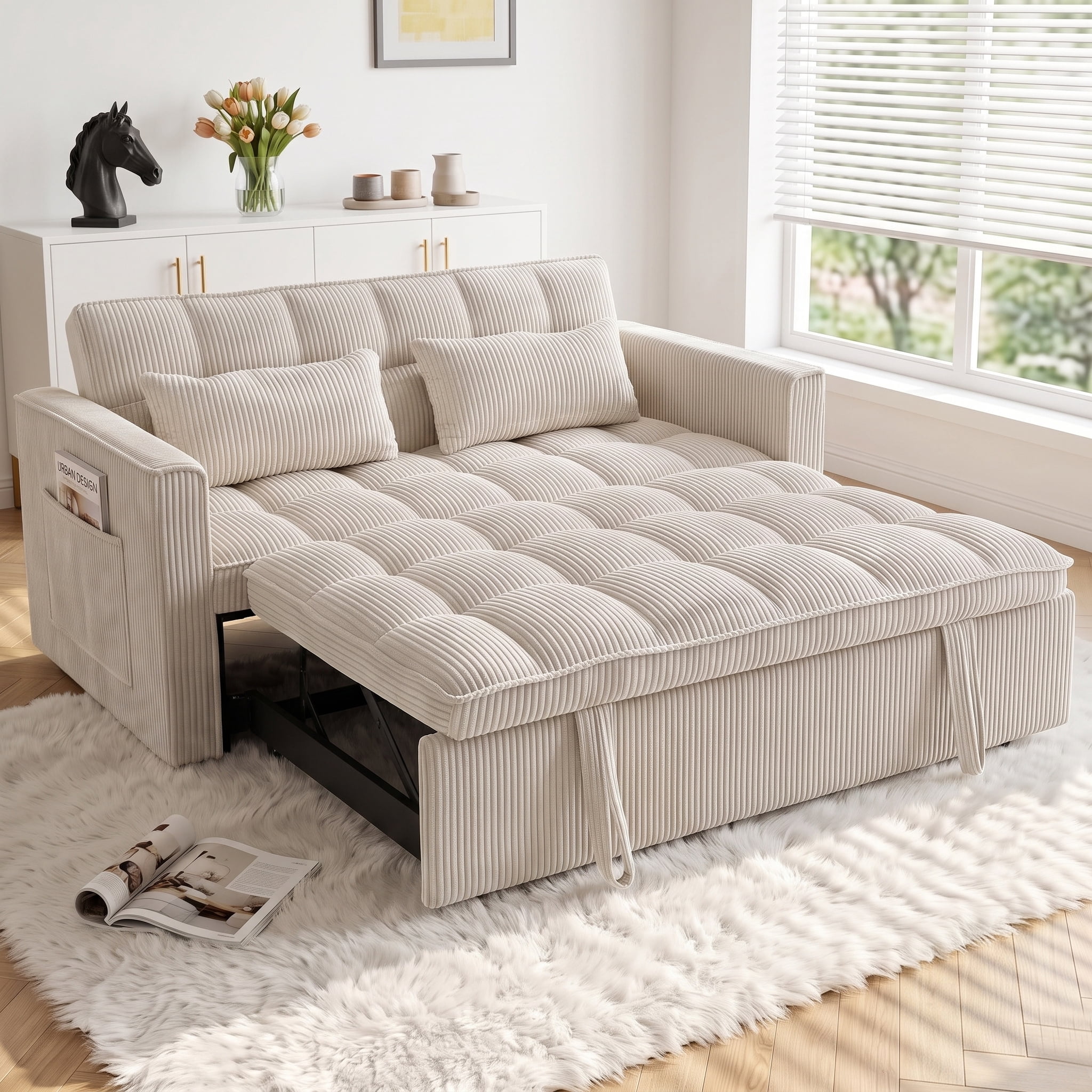 ShiKeyi 54" Corduroy Convertible Sofa Bed, 3 in 1 Pull Out Sleeper Sofa, Loveseat Couch with Storage Pocket, Beige