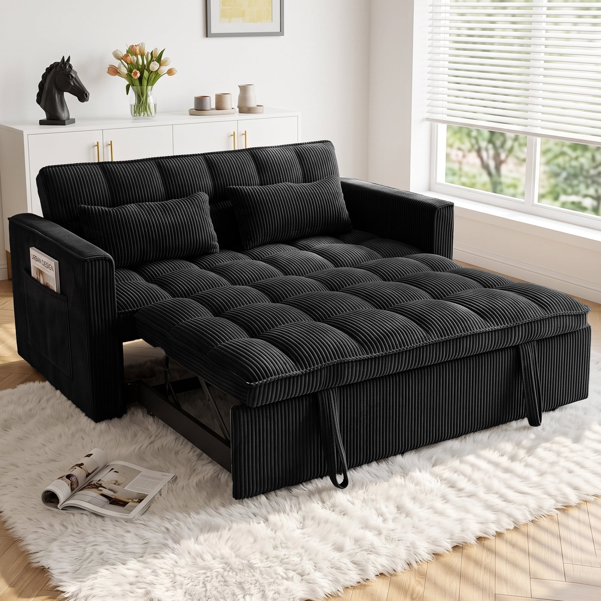 ShiKeyi 54" Corduroy Convertible Sofa Bed, 3 in 1 Pull Out Sleeper Sofa, Loveseat Couch with Storage Pocket, Black