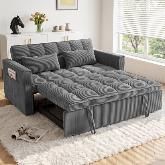 ShiKeyi 54" Corduroy Convertible Sofa Bed, 3 in 1 Pull Out Sleeper Sofa, Loveseat Couch with Storage Pocket, Dark Gray
