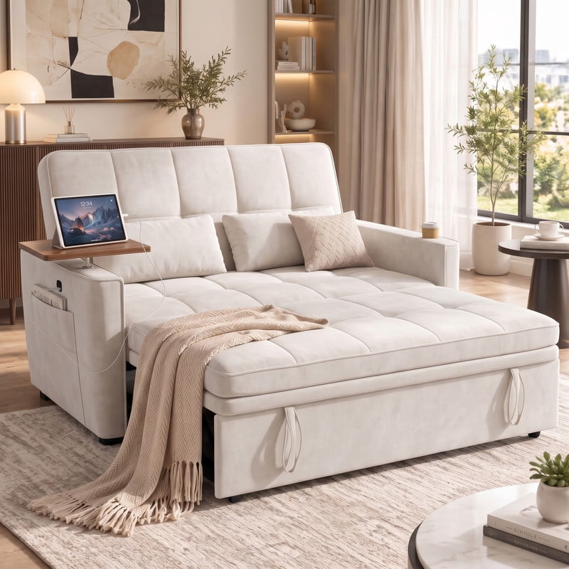 avobird 54'' Pull Out Sofa Bed, Convertible Sleeper Couch for for Living Room, Side Desk, USB Ports, Cup Hold, Velvet Fabric, Adjustable Backrest, Beige