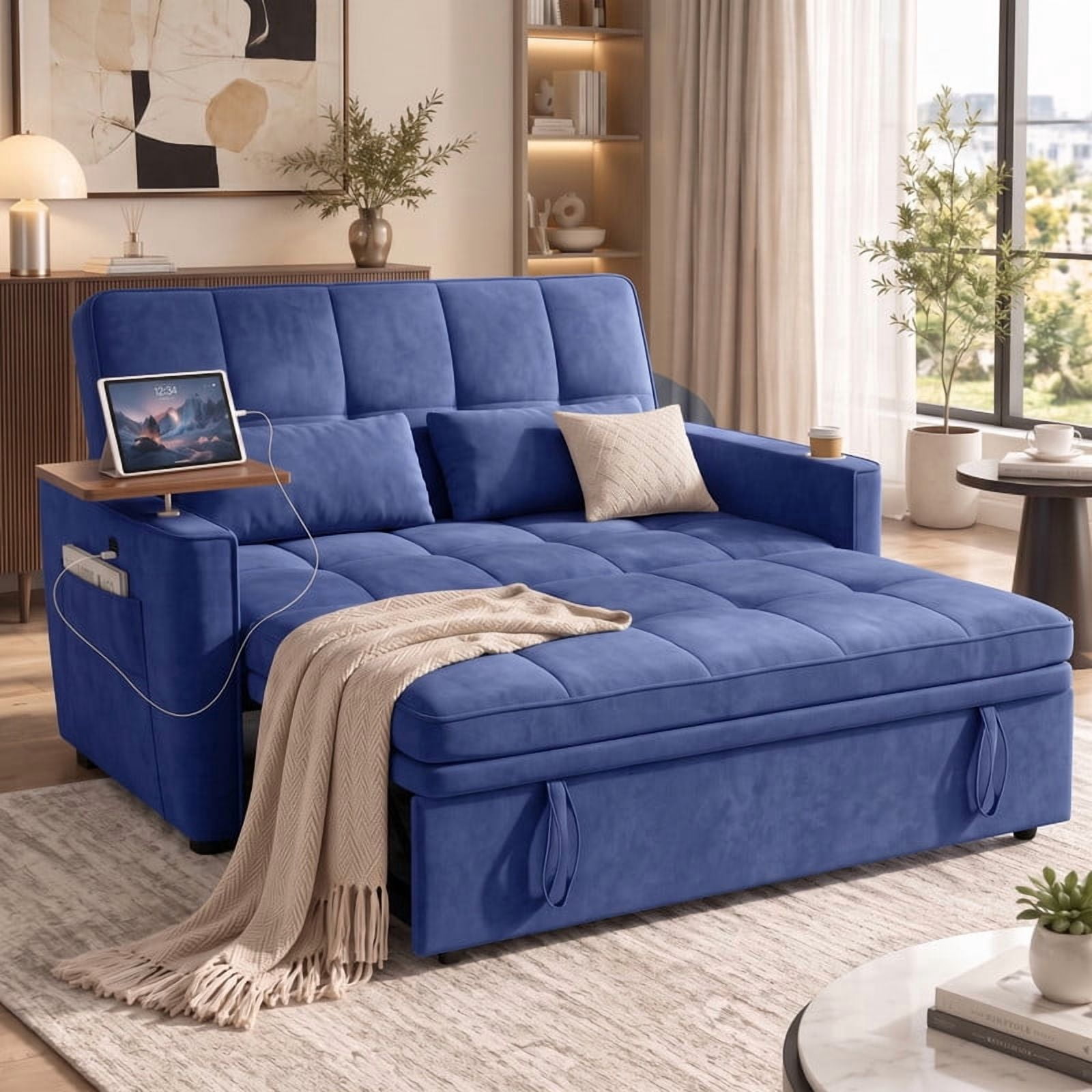 avobird 54'' Pull Out Sofa Bed, Convertible Sleeper Couch for for Living Room, Side Desk, USB Ports, Cup Hold, Velvet Fabric, Adjustable Backrest, Blue