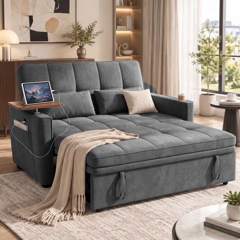 avobird 54'' Pull Out Sofa Bed, Convertible Sleeper Couch for for Living Room, Side Desk, USB Ports, Cup Hold, Velvet Fabric, Adjustable Backrest, Dark Gray