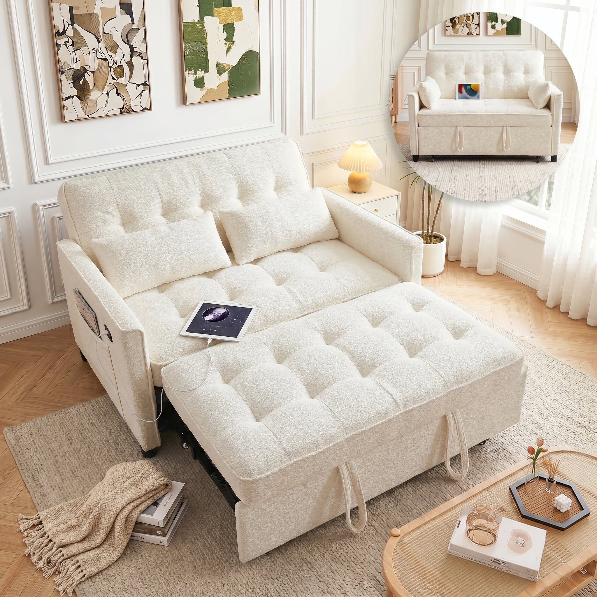 avobird 55'' 3 in 1 Pull Out Sofa Bed, Convertible Couch with Adjustable Backrest/Side Pockets/USB Charging Ports, Sleeper Sofa for Living Room, Beige
