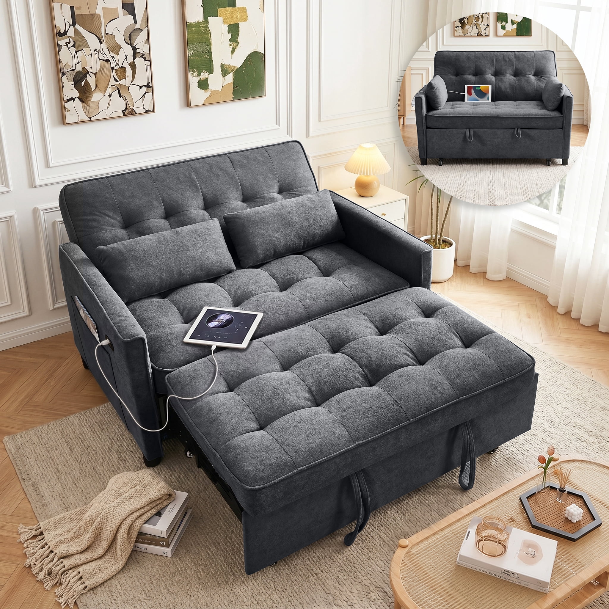 avobird 55'' 3 in 1 Pull Out Sofa Bed, Convertible Couch with Adjustable Backrest/Side Pockets/USB Charging Ports, Sleeper Sofa for Living Room, Dark Gray