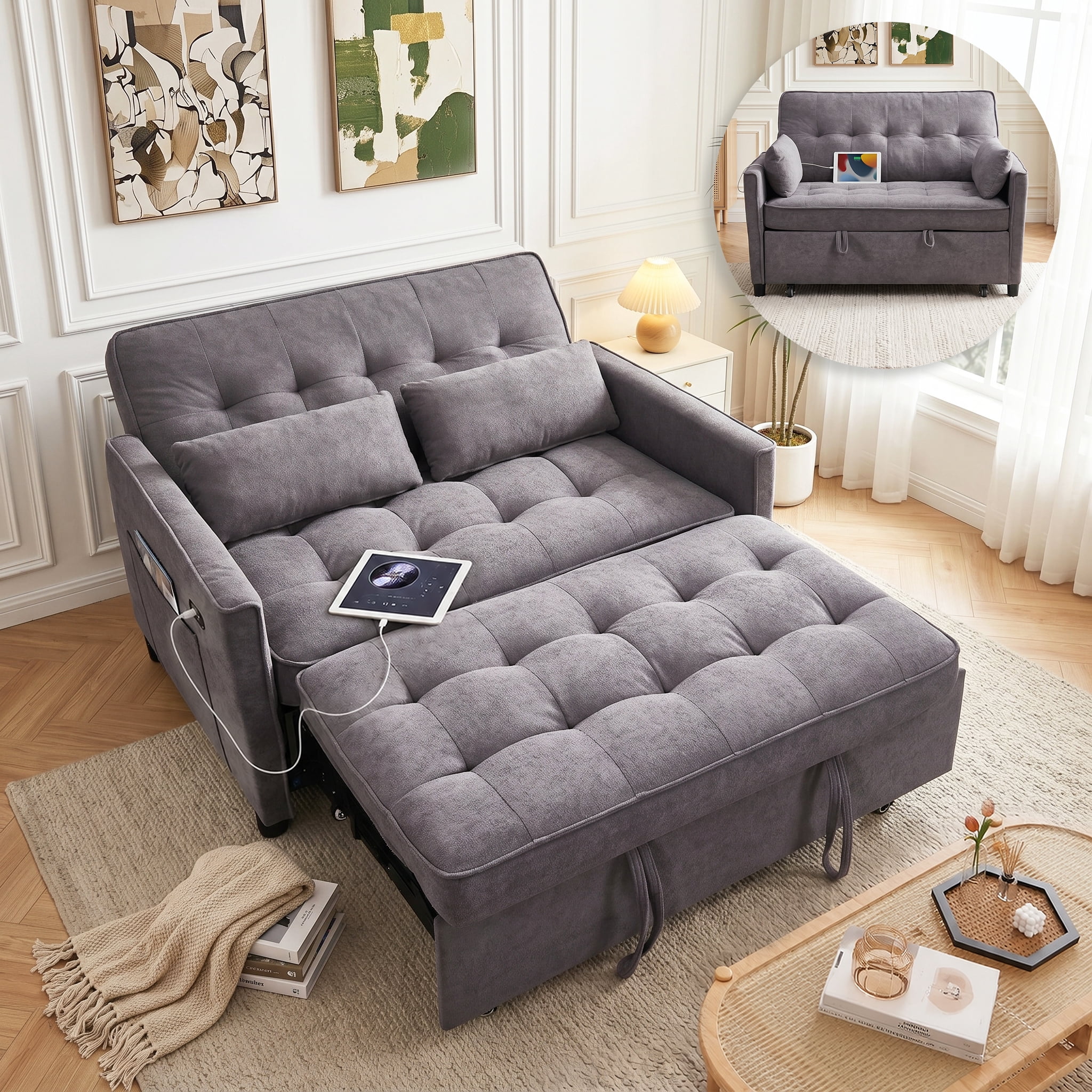avobird 55'' 3 in 1 Pull Out Sofa Bed, Convertible Couch with Adjustable Backrest/Side Pockets/USB Charging Ports, Sleeper Sofa for Living Room, Gray