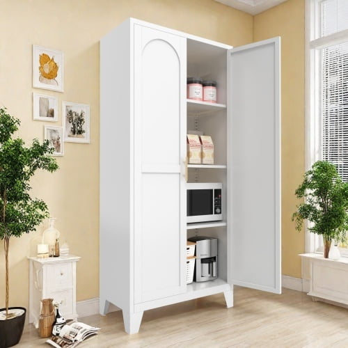 avobird 61'' 2 Shapely Doors Cabinet, Metal Storage Cabinet with Doors and Adjustable Shelves, for Bedroom, Living Room, Kitchen, White