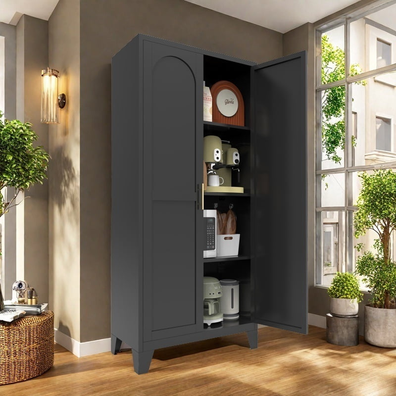 avobird 61'' 2 Shapely Doors Cabinet, Metal Storage Cabinet with Doors and Adjustable Shelves, for Bedroom, Living Room, Kitchen, Black