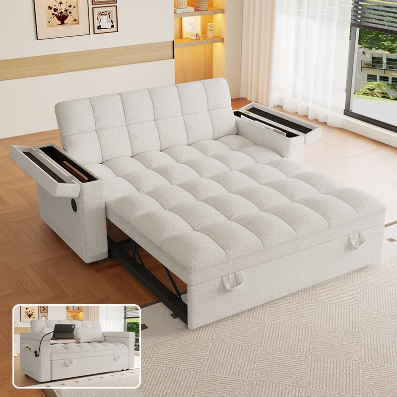avobird 65'' 3 in 1 Convertible Sleeper Sofa Bed, Pullout Sleeper Sofa with Hidden Side Table/Charging port/Hidden Storage, Modern Futon Sofa for Apartments, Off white