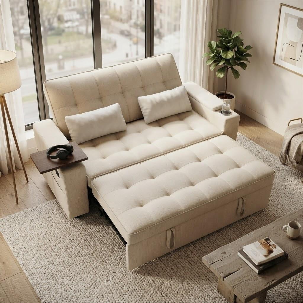 avobird 65" 3-in-1 Convertible Sofa Bed, Pull Out Loveseat with Chenille Fabric/Hidden storage space/Cup holder, Sleeper Sofa Bed for Living Room, Beige