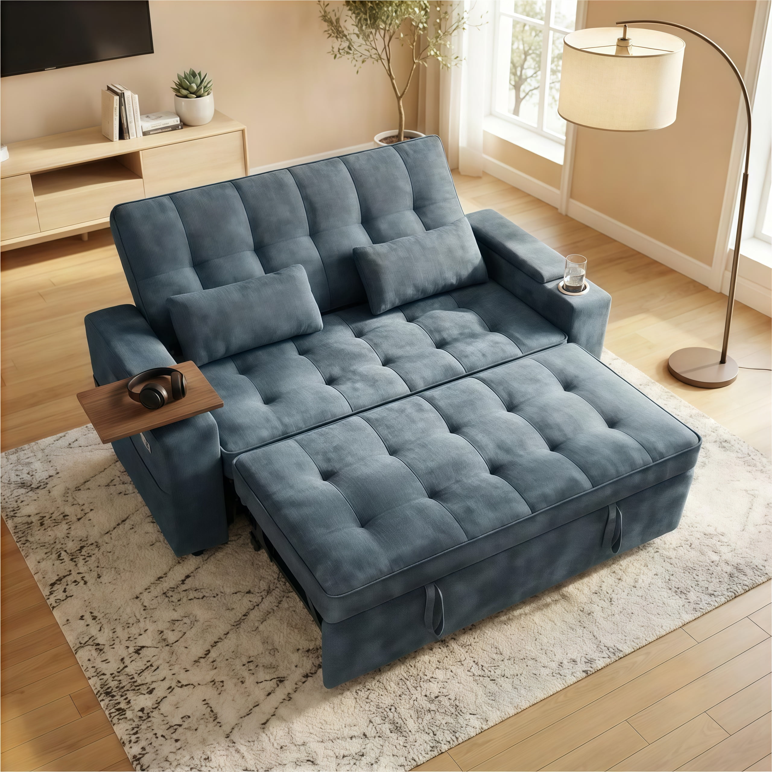 avobird 65" 3-in-1 Convertible Sofa Bed, Pull Out Loveseat with Chenille Fabric/Hidden storage space/Cup holder, Sleeper Sofa Bed for Living Room, Blue