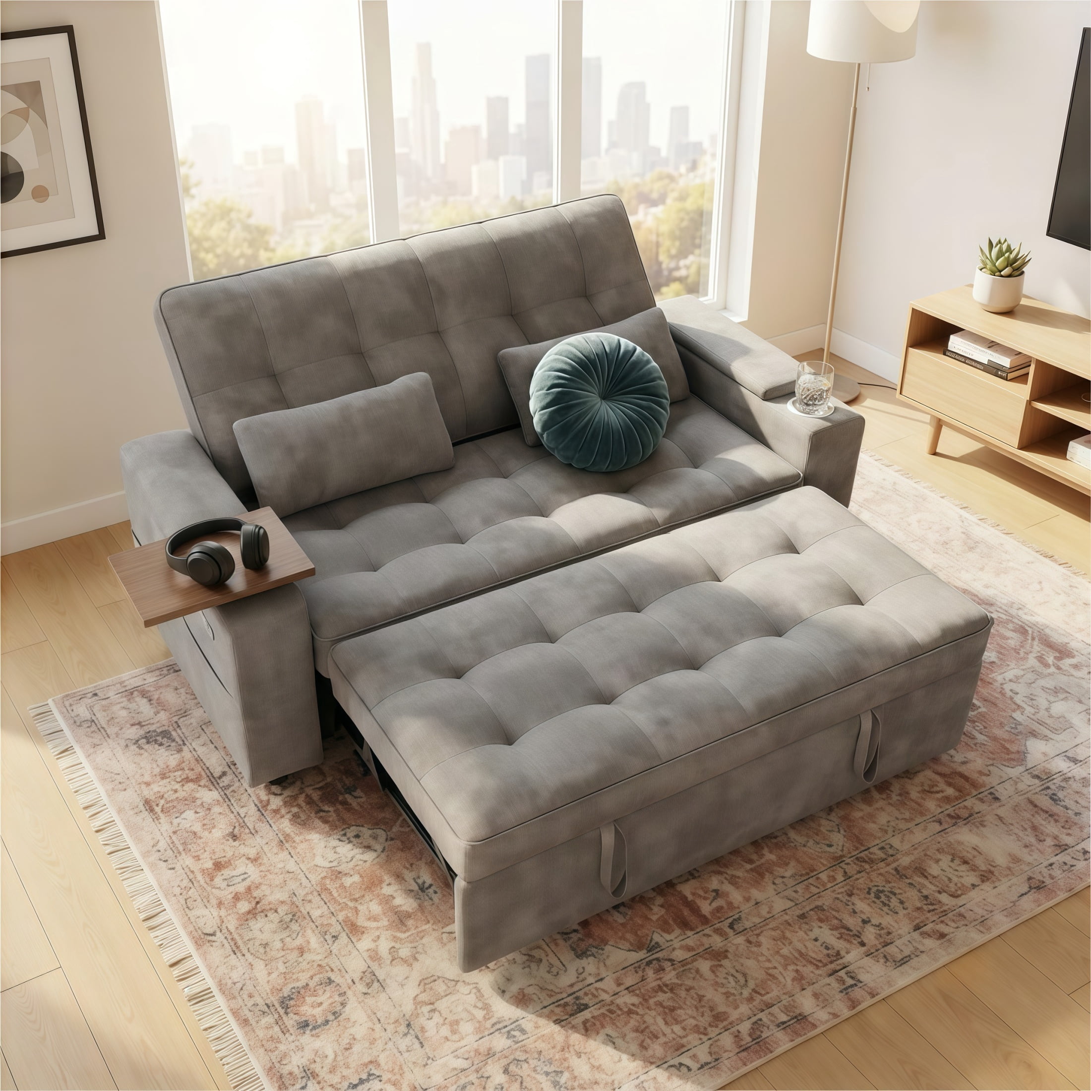 avobird 65" 3-in-1 Convertible Sofa Bed, Pull Out Loveseat with Chenille Fabric/Hidden storage space/Cup holder, Sleeper Sofa Bed for Living Room, Gray
